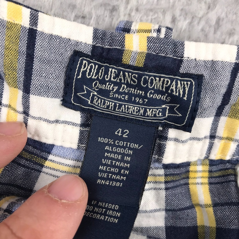 Polo Jeans Co Ralph Lauren Cargo Shorts Mens 42 Blue/Yellow Plaid Cotton 10" Vtg - Picture 2 of 9
